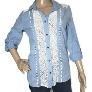 Xhilaration Womens Medium Blue Button-Down Shirt With Lace Accents fall winter